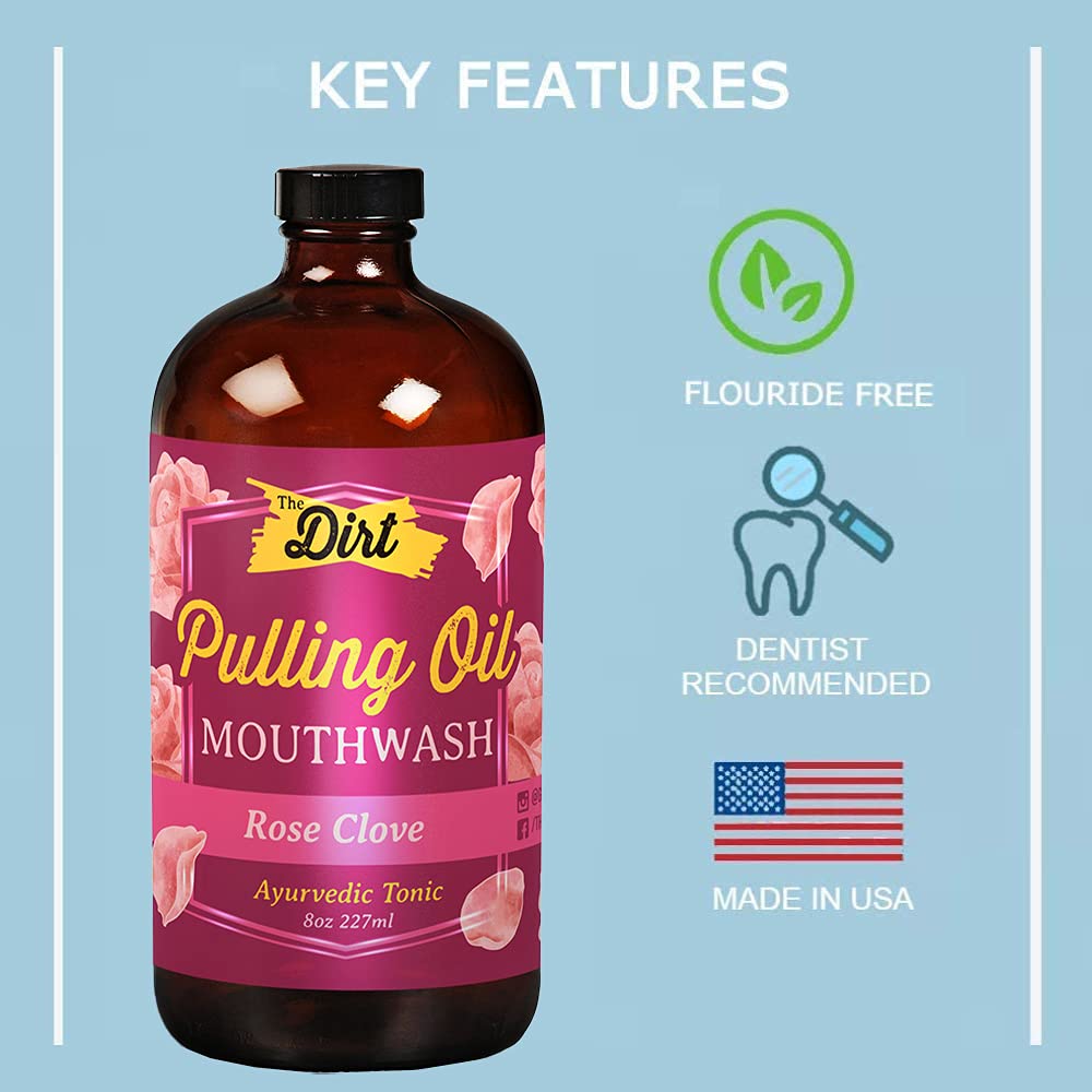 The Dirt Gluten Free Oil Pulling Mouthwash - Dental Tonic with Essential Oils for Bad Breath, Non-GMO (Luscious Rose, Clove & Mint, 8 Ounce)