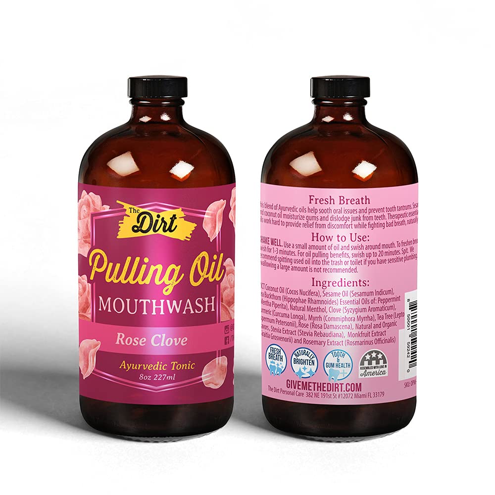 The Dirt Gluten Free Oil Pulling Mouthwash - Dental Tonic with Essential Oils for Bad Breath, Non-GMO (Luscious Rose, Clove & Mint, 8 Ounce)