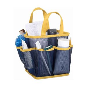 mesh portable shower tote and caddy multiple colors available. perfect for dorm, gym, or bathroom. sturdy handles & fast drying (navy blue with yellow trim)
