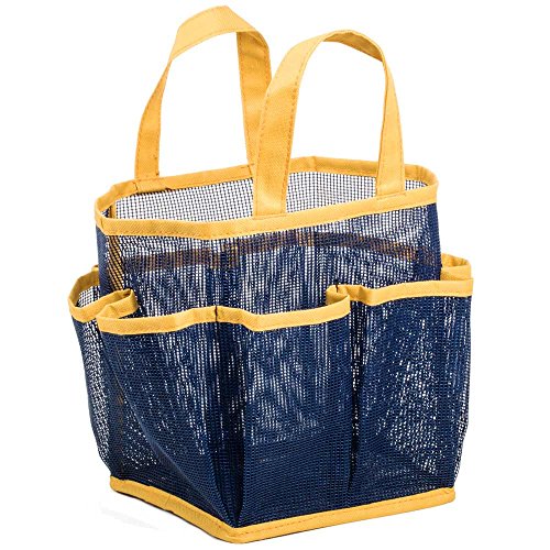 Mesh Portable Shower Tote and Caddy Multiple Colors Available. Perfect For Dorm, Gym, or Bathroom. Sturdy Handles & Fast Drying (Navy Blue with Yellow Trim)