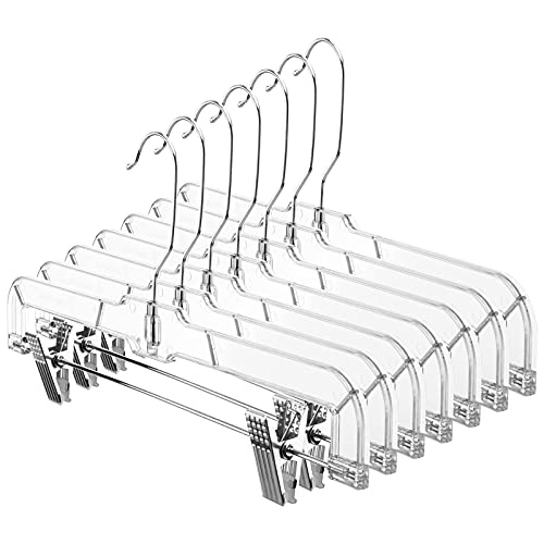 HOUSE DAY Skirt Hangers Pants Hangers with Clips Clear Plastic Pants Hangers with 2-Adjustable Clips Non-Slip Pants Hangers Space Saving for Closet Clip Hangers for Pant, Skirts, Shorts, Pack of 12