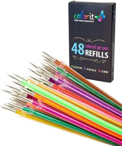 colorit 48 gel pen ink refills for glitter, metallic, and neon - color coded for easy replacement (gel)