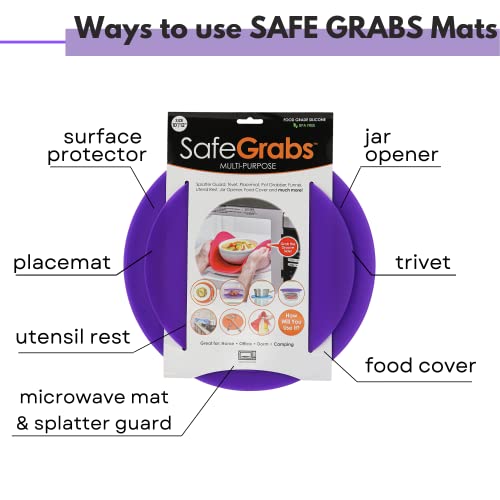 Safe Grabs: Multi-Purpose Silicone Original Microwave Mat as Seen on Shark Tank | Splatter Guard, Trivet, Hot Pad, Pot Holder, Minimize Mess (BPA Free, Heat Resistant, Dishwasher Safe),Set of 2 Purple