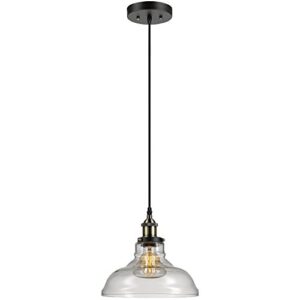 globe electric 65587 latiya 1-light hanging pendant, bronze, satin finish, antique brass decorative socket, clear glass shade, black fabric cord