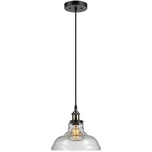 Globe Electric 65587 Latiya 1-Light Hanging Pendant, Bronze, Satin Finish, Antique Brass Decorative Socket, Clear Glass Shade, Black Fabric Cord