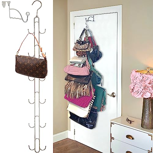 Luxury Purse Hanger Organizer for Over Door/Closet- Max Purse Storage, Handbag Holder Rotates 360, Heavy Duty Chrome Holds 50lbs; Purses, Handbags, Totes, Crossbody, Backpacks, Fanny, Belt Bags