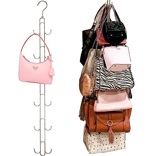 Luxury Purse Hanger Organizer for Over Door/Closet- Max Purse Storage, Handbag Holder Rotates 360, Heavy Duty Chrome Holds 50lbs; Purses, Handbags, Totes, Crossbody, Backpacks, Fanny, Belt Bags