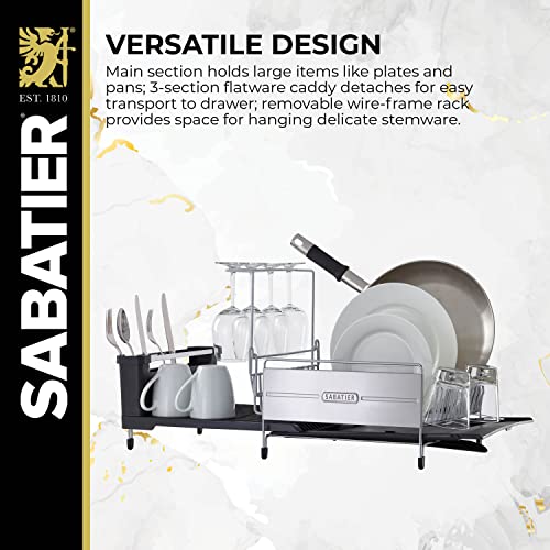 Sabatier Expandable Stainless Steel Dish Rack with Rust-Resistant Soft Coated Wires and Bi-Directional Spout, Gray/Black