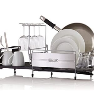 Sabatier Expandable Stainless Steel Dish Rack with Rust-Resistant Soft Coated Wires and Bi-Directional Spout, Gray/Black