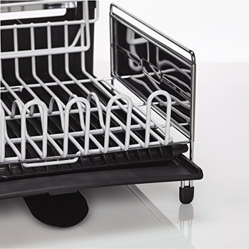 Sabatier Expandable Stainless Steel Dish Rack with Rust-Resistant Soft Coated Wires and Bi-Directional Spout, Gray/Black