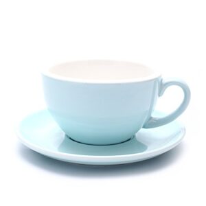 coffeezone latte art cup and saucer for latte & cappuccino, great cup shape for coffee shop and barista (glossy light blue, 10.5 oz)