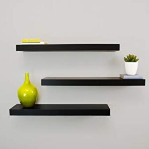 Kiera Grace Set of Three Maine Simple & Classic Decorative Engineered Wood Floating Wall Shelves for Home, Room, & Office, 24" L x 4.75" W x 3" H, Black