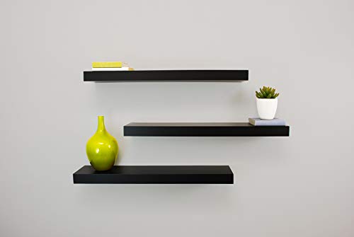 Kiera Grace Set of Three Maine Simple & Classic Decorative Engineered Wood Floating Wall Shelves for Home, Room, & Office, 24" L x 4.75" W x 3" H, Black