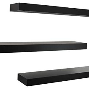 Kiera Grace Set of Three Maine Simple & Classic Decorative Engineered Wood Floating Wall Shelves for Home, Room, & Office, 24" L x 4.75" W x 3" H, Black