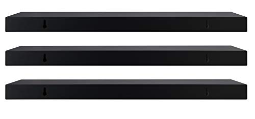 Kiera Grace Set of Three Maine Simple & Classic Decorative Engineered Wood Floating Wall Shelves for Home, Room, & Office, 24" L x 4.75" W x 3" H, Black