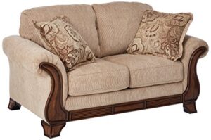 signature design by ashley lanett traditional faux wood detail loveseat with 2 accent pillows, beige