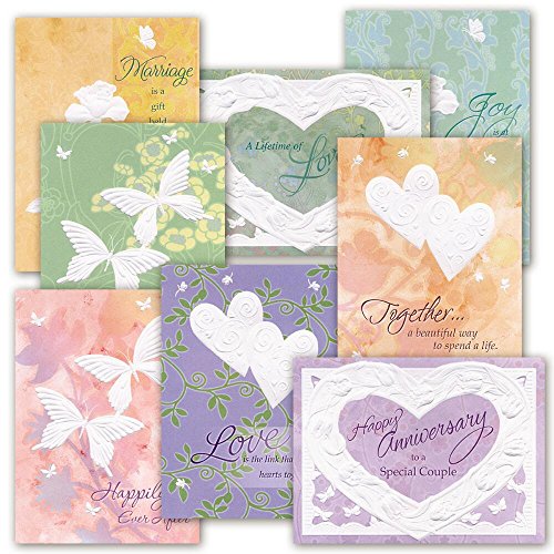 Deluxe Embossed Anniversary Card Value Pack - Set of 16 (8 designs), Large 5" x 7" Wedding Anniversary Cards with Sentiments Inside, White Envelopes