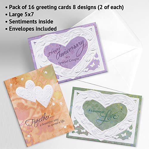 Deluxe Embossed Anniversary Card Value Pack - Set of 16 (8 designs), Large 5" x 7" Wedding Anniversary Cards with Sentiments Inside, White Envelopes