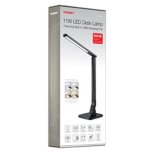 Tenergy 11W Dimmable Desk Lamp with USB Charging Port, LED Adjustable Lighting for Reading, 5 Brightness Levels 4 Light Colors Table Light