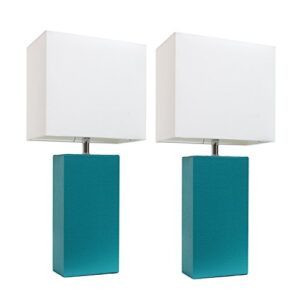elegant designs lc2000-tel-2pk 2 pack modern leather table lamps with white fabric shades, teal