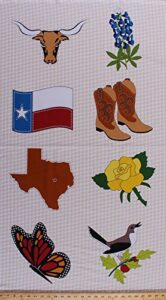 24" x 44" panel quilt across texas symbols symbol texas flag longhorn national flower bluebonnet rose mockingbird monarch butterfly cowboy boots texan on houndstooth cotton fabric panel (9338)