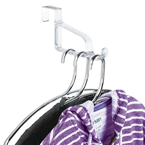 mDesign Modern Over Door Valet Hook - Multi Hanging Storage Garment Organizer Hanger Rack - Single Hooks for Coat, Hoodies, Hat, Scarves, Purse, Belt, and Bath Robe - 3 Pack - Clear