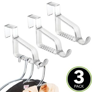 mDesign Modern Over Door Valet Hook - Multi Hanging Storage Garment Organizer Hanger Rack - Single Hooks for Coat, Hoodies, Hat, Scarves, Purse, Belt, and Bath Robe - 3 Pack - Clear