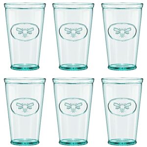 amici home bee hiball glass | 16 oz | italian made, recycled glass with green tint | drinking glass with embossed bee design for water, juice, cocktails (set of 6)