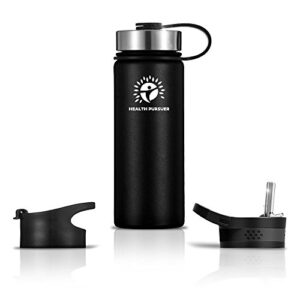 stainless steel water bottle/thermos: ​40 oz.​ double walled vacuum insulated wide mouth travel tumbler, reusable bpa free twist lid bottles for hot or cold liquid: bonus flip & straw lids - ​black