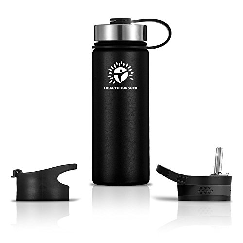 Stainless Steel Water Bottle/Thermos: ​40 Oz.​ Double Walled Vacuum Insulated Wide Mouth Travel Tumbler, Reusable BPA Free Twist Lid Bottles for Hot or Cold Liquid: Bonus Flip & Straw Lids - ​Black