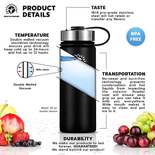Stainless Steel Water Bottle/Thermos: ​40 Oz.​ Double Walled Vacuum Insulated Wide Mouth Travel Tumbler, Reusable BPA Free Twist Lid Bottles for Hot or Cold Liquid: Bonus Flip & Straw Lids - ​Black