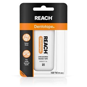 reach dentotape waxed dental floss with extra wide cleaning surface for large spaces between teeth, unflavored, 100 yards (pack of 6)