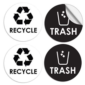 recycle and trash can sticker - 4"x4" black & white round label 4 pack set - organize kitchen & office disposal bins (pixelverse design)
