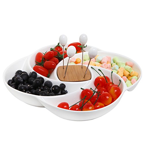 MyGift Decorative White Ceramic Charcuterie Platter Appetizer Olive Bowl Serving Tray with Food Picks and Wood Holder