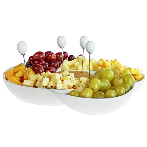 MyGift Decorative White Ceramic Charcuterie Platter Appetizer Olive Bowl Serving Tray with Food Picks and Wood Holder