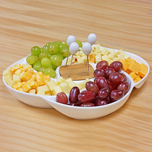 MyGift Decorative White Ceramic Charcuterie Platter Appetizer Olive Bowl Serving Tray with Food Picks and Wood Holder