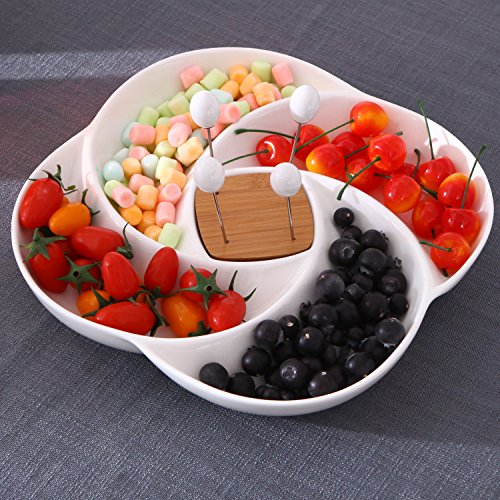 MyGift Decorative White Ceramic Charcuterie Platter Appetizer Olive Bowl Serving Tray with Food Picks and Wood Holder