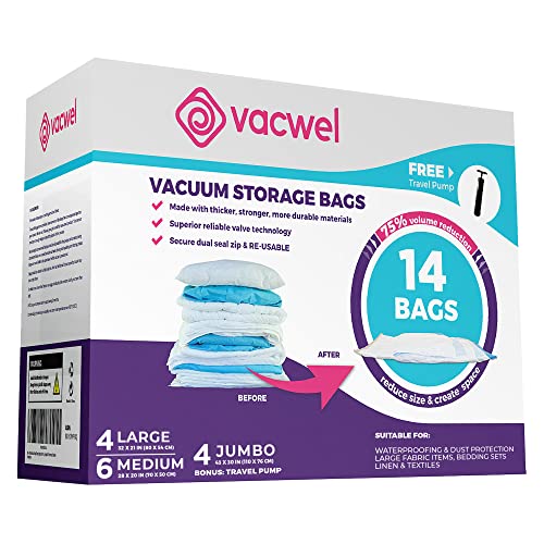 Vacwel 14-Pack Variety - Ziplock Vacuum Storage Bags for Clothes - Space Saver Bags for Packing Clothes - Vacuum Space Bags – 4xJumbo (43x30in) +4xLarge (32x21in) +6xMedium (28x20in) +Bonus Hand Pump