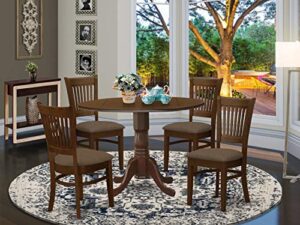 east west furniture dublin 5 piece set includes a round dining room table with dropleaf and 4 linen fabric upholstered chairs, 42x42 inch, espresso