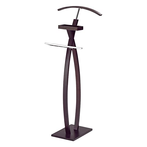 Pilaster Designs Modern Walnut Wood & Chrome Metal Chert Suit Rack Clothes Valet Stand