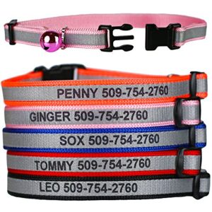 gotags personalized reflective cat collars, engraved custom cat collar with name and phone, breakaway cat collar with safety release buckle and bell, adjustable for cats and kitten, (pink)