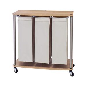 household essentials 7050-1 3 bag cart | light brown triple laundry sorter with folding table, walnut
