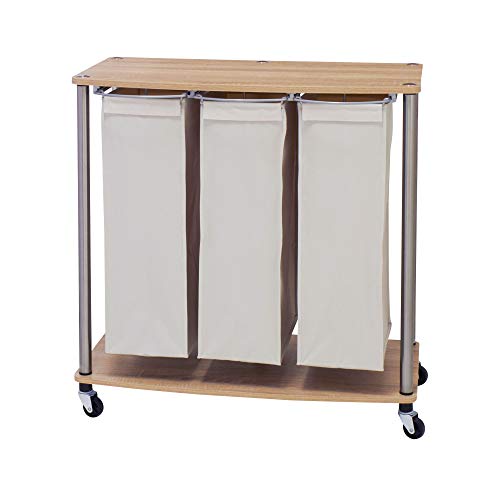 Household Essentials 7050-1 3 Bag Cart | Light Brown Triple Laundry Sorter with Folding Table, Walnut