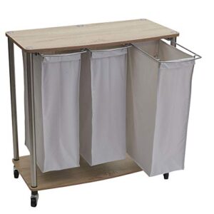 Household Essentials 7050-1 3 Bag Cart | Light Brown Triple Laundry Sorter with Folding Table, Walnut