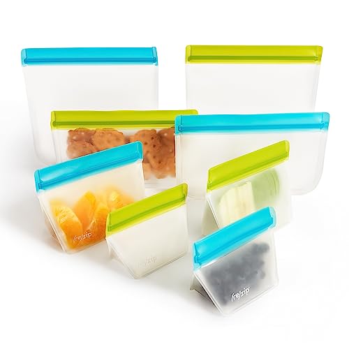 rezip 8-Piece Deluxe Bundle Reusable Storage Bags | BPA-Free, Food Grade, Leakproof, Freezer and Dishwasher Safe | 2 Mini Stand-up, 2 Stand-up Snack (1-cup), 2 Flat Snack, 2 Flat Lunch Bags (Green, Aqua)