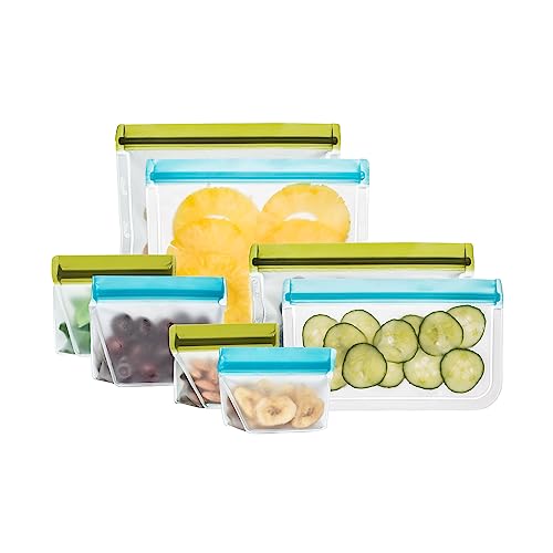 rezip 8-Piece Deluxe Bundle Reusable Storage Bags | BPA-Free, Food Grade, Leakproof, Freezer and Dishwasher Safe | 2 Mini Stand-up, 2 Stand-up Snack (1-cup), 2 Flat Snack, 2 Flat Lunch Bags (Green, Aqua)