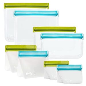 rezip 8-Piece Deluxe Bundle Reusable Storage Bags | BPA-Free, Food Grade, Leakproof, Freezer and Dishwasher Safe | 2 Mini Stand-up, 2 Stand-up Snack (1-cup), 2 Flat Snack, 2 Flat Lunch Bags (Green, Aqua)
