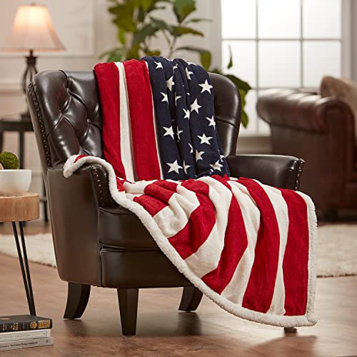 Chanasya Patriotic US Flag Print Sherpa Throw Blanket - Lightweight Microfiber for Couch and Bed - Great Gift for Veteran, Friend, Men, Women, Proud American House (60x70 Inches)