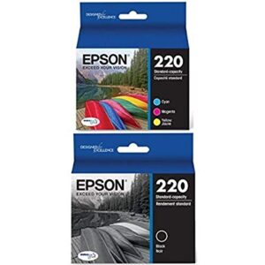 epson t220520 durabrite ultra color combo pack standard capacity cartridge ink (wf-2760, wf-2750, wf-2660, wf-2650, wf-2630, xp-424, xp-420, xp-320) and epson durabrite ultra standard-capacity ink cartridge, black (t220120) bundle