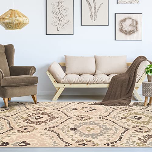 SUPERIOR Indoor Runner Rug, Jute Backed, Modern Oriental Floral Damask Floor Decor for Office, Living Room, Bedroom, Entryway, Nursery Hardwood, Tile, Augusta Collection - 8ft x 10ft , Multi-Colored